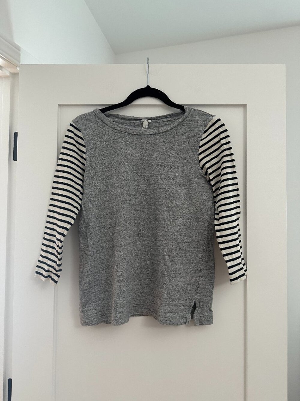 J.Crew long sleeve gray tee with Black & White Striped Sleeves Size small